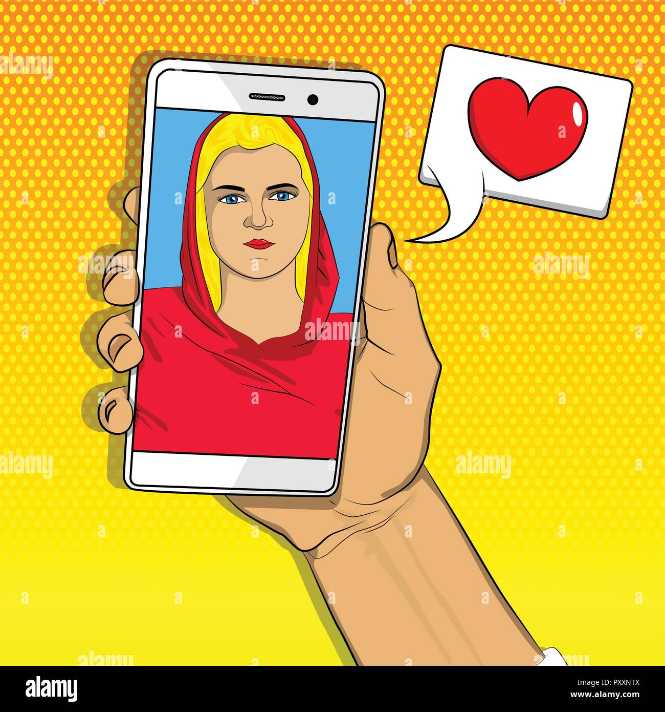 Online dating, long distance relationship concept. Hand holding phone making video call with loved one. Smartphone with girlfriend on screen. Vector i Stock Vector