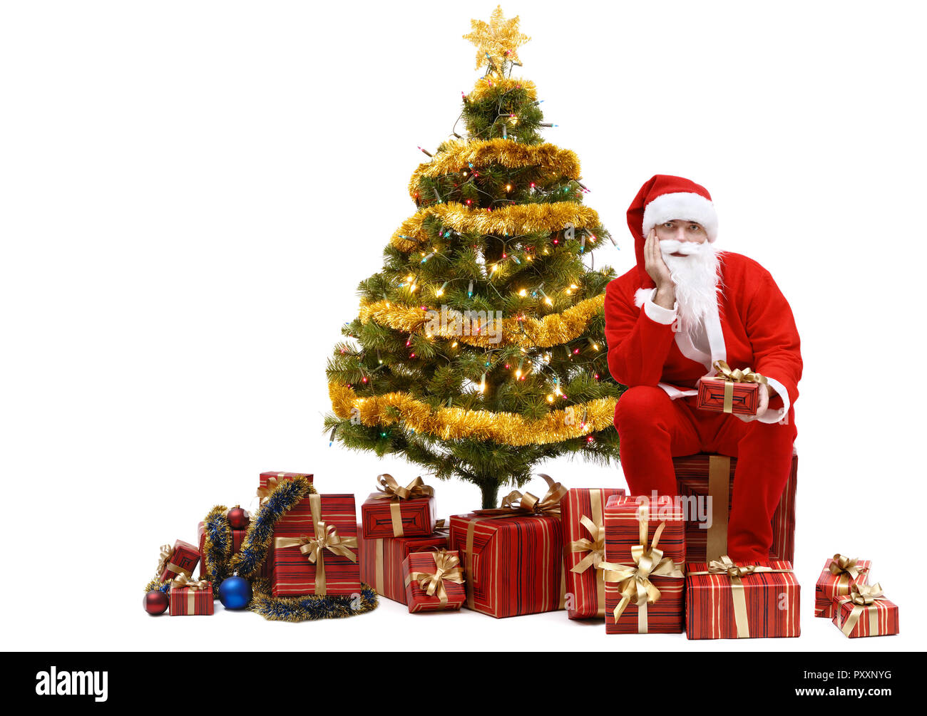 Santa Claus and beautiful Christmas tree on a white background ...