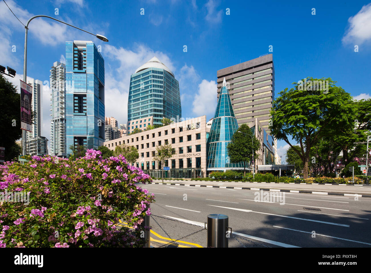 Architecture view of Wheelock Place at Orchard Road and empty road