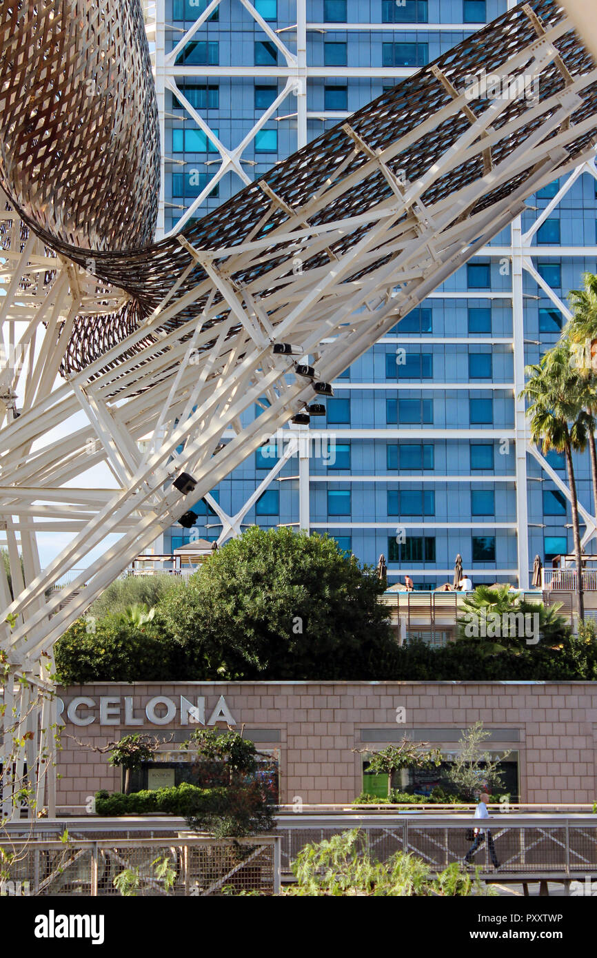 View of Port Olimpic, with part of Frank Gehry's bronze Fish Sculpture