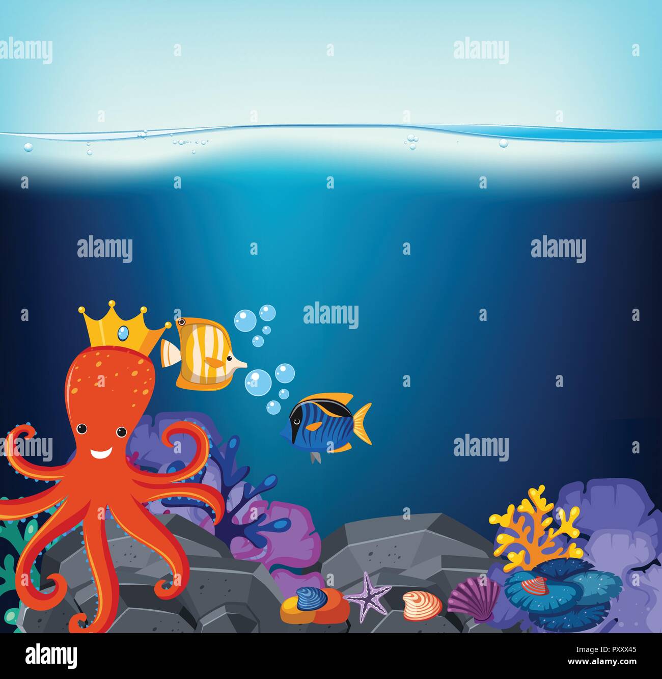 Underwater scene with octopus and fish illustration Stock Vector