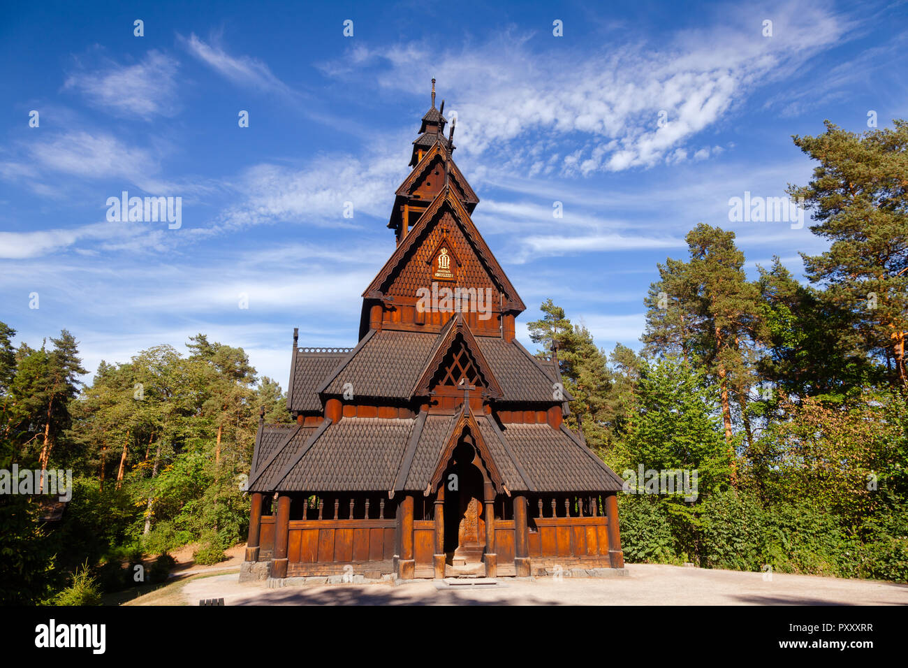 Reconstructed wooden Gol Stave Church (Gol Stavkyrkje) in Norwegian Museum of Cultural History at Bygdoy peninsula in Oslo, Norway, ScandInavia Stock Photo