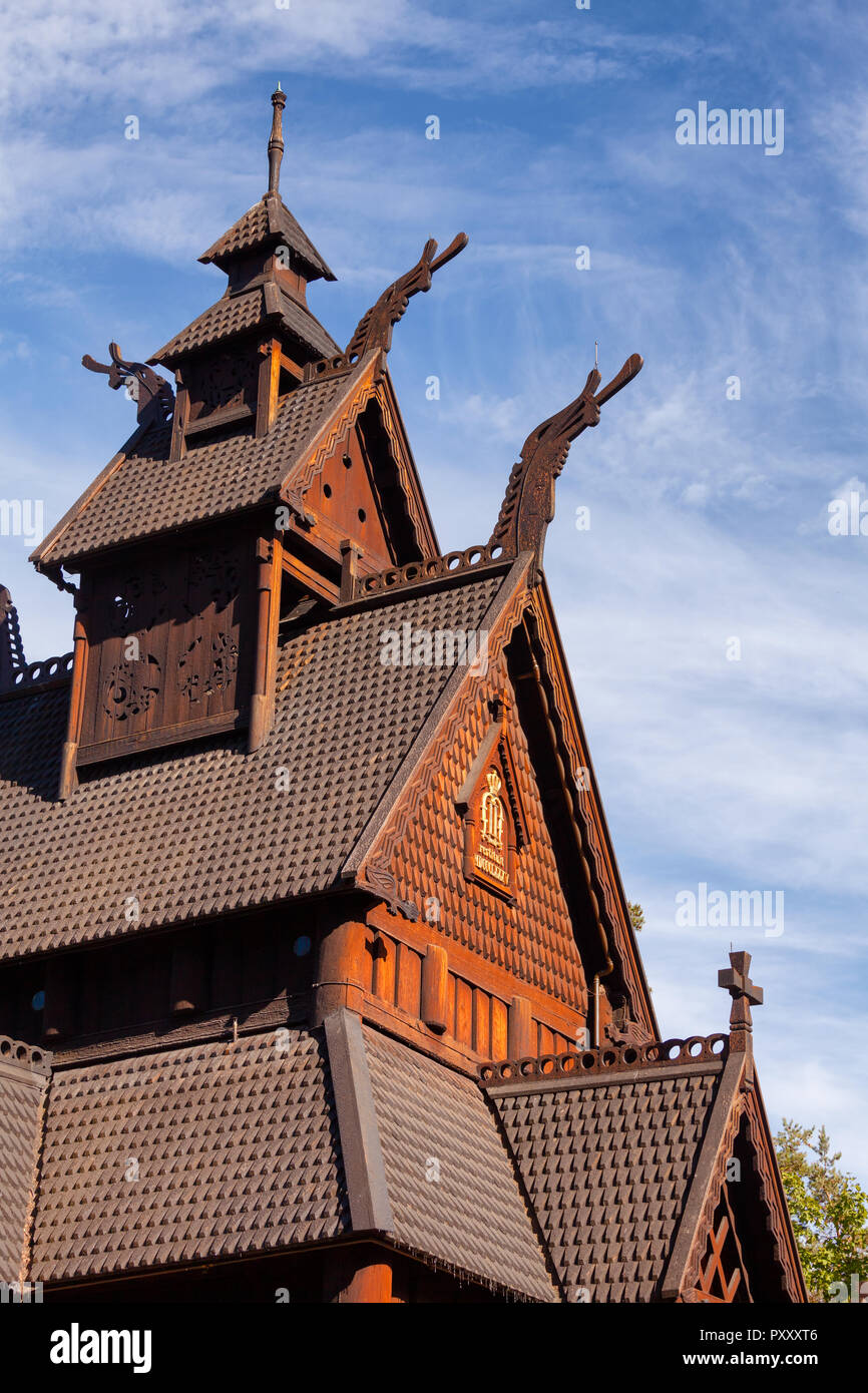 Detail of reconstructed wooden Gol Stave Church (Gol Stavkyrkje) in ...