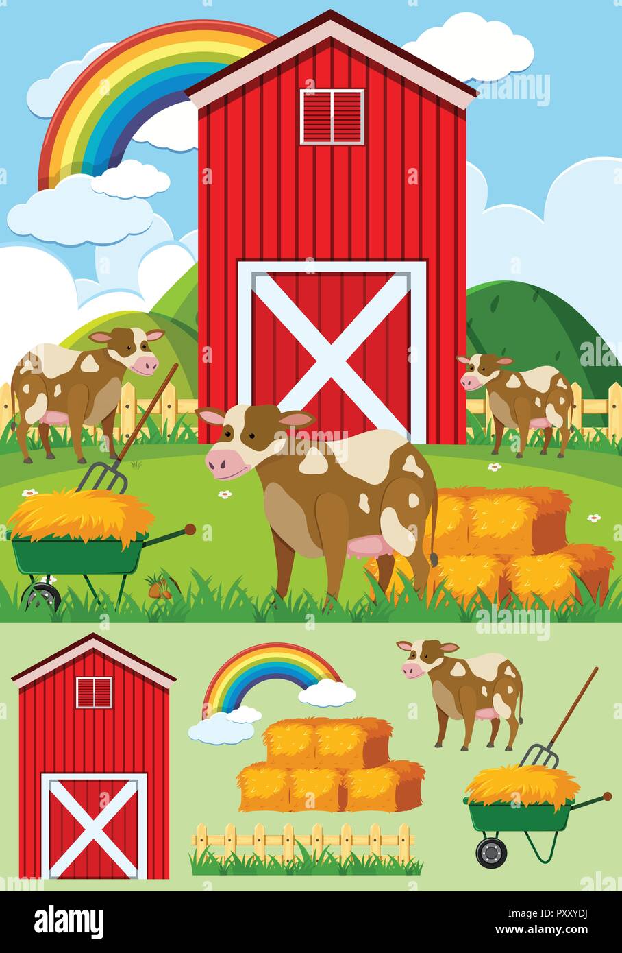 Brown cows and red barn on the farm illustration Stock Vector Image ...