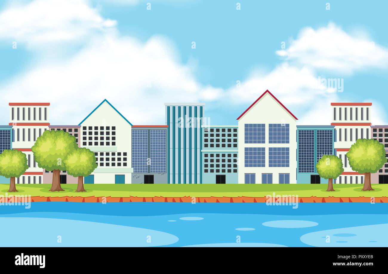 City scene with many buildings along the river illustration Stock ...