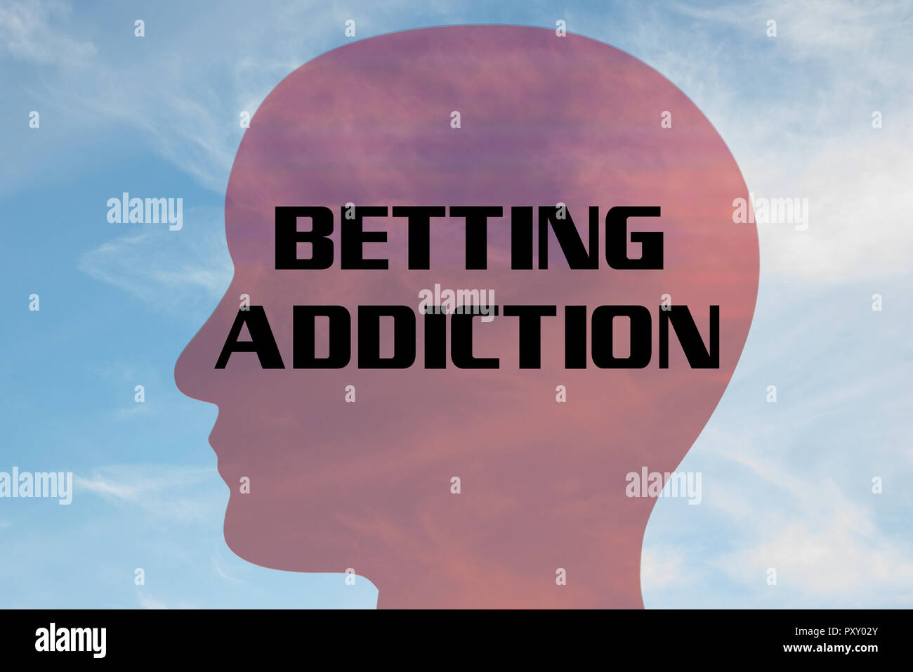Render illustration of BETTING ADDICTION title on head silhouette, with cloudy sky as a background. Stock Photo