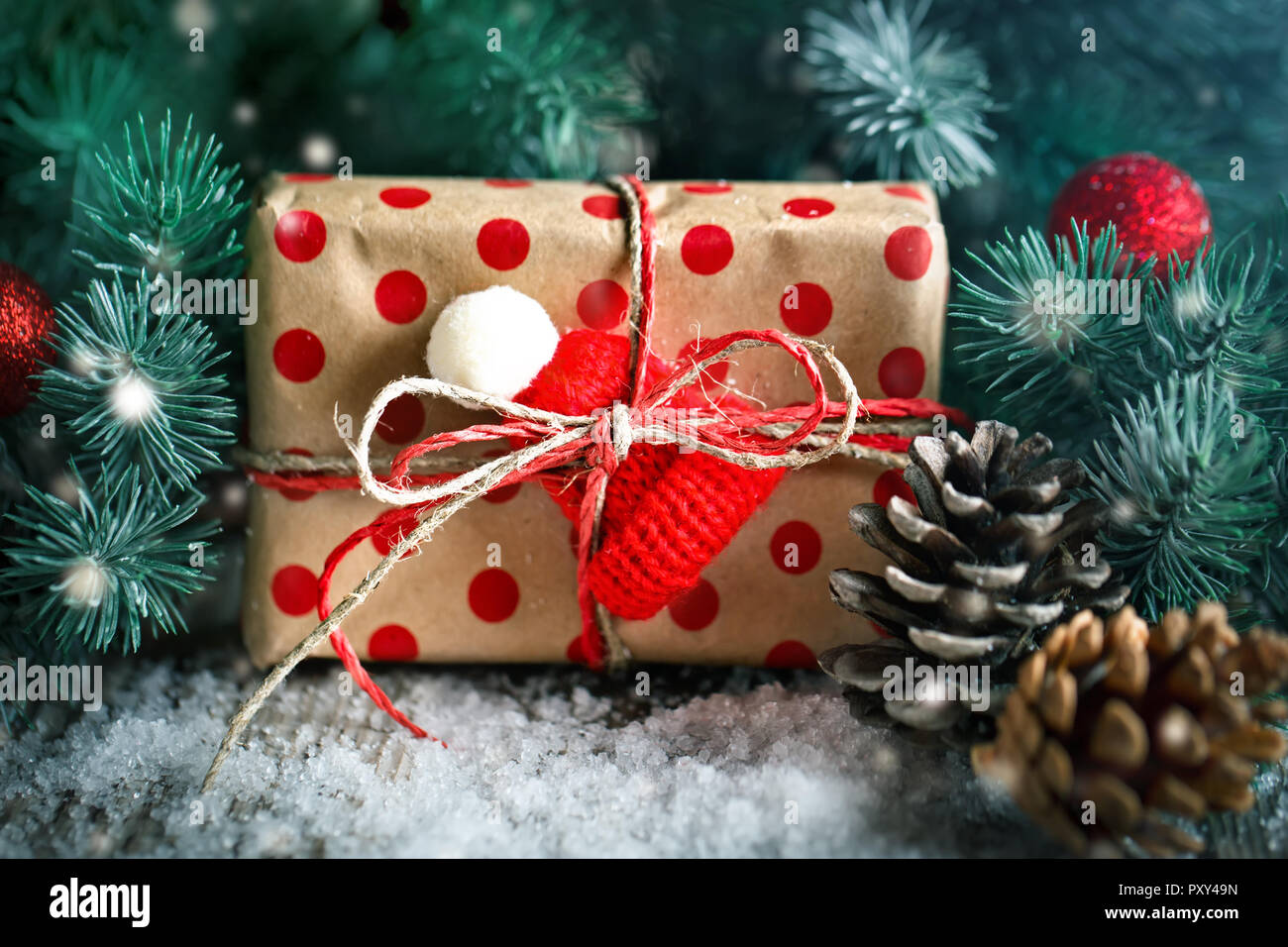 Merry Christmas And Happy New Year Wooden Table Decorated With Christmas Gifts Background With Copy Space Horizontal Stock Photo Alamy