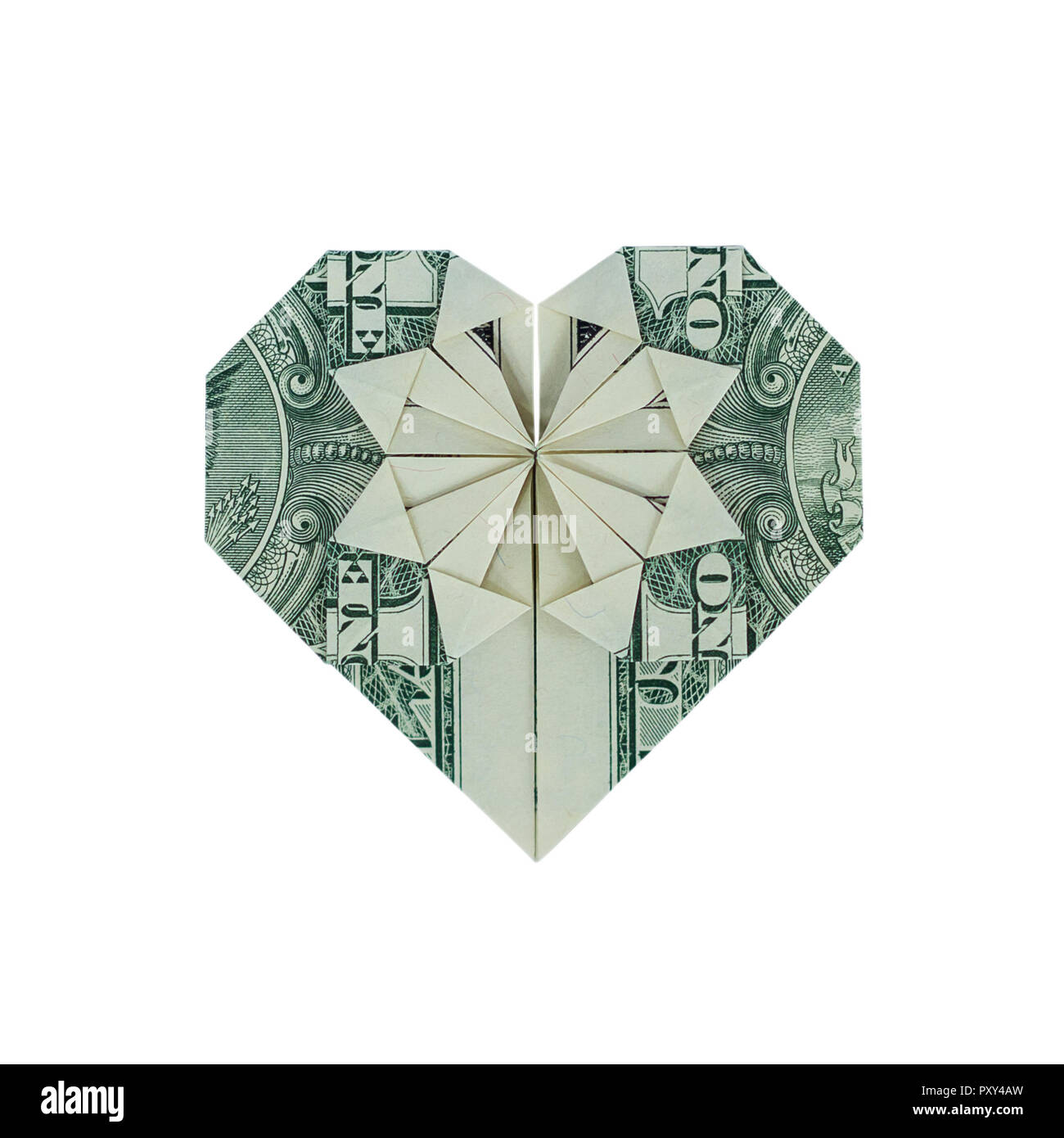 Money Origami Heart Folded With Real One Dollar Bill Isolated On White