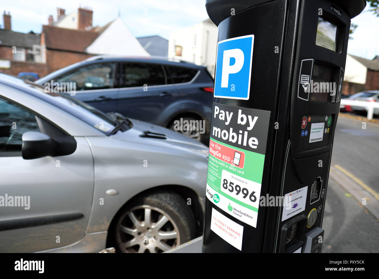 Car Parking machine with Pay By Mobile phone option in Hereford UK Stock Photo