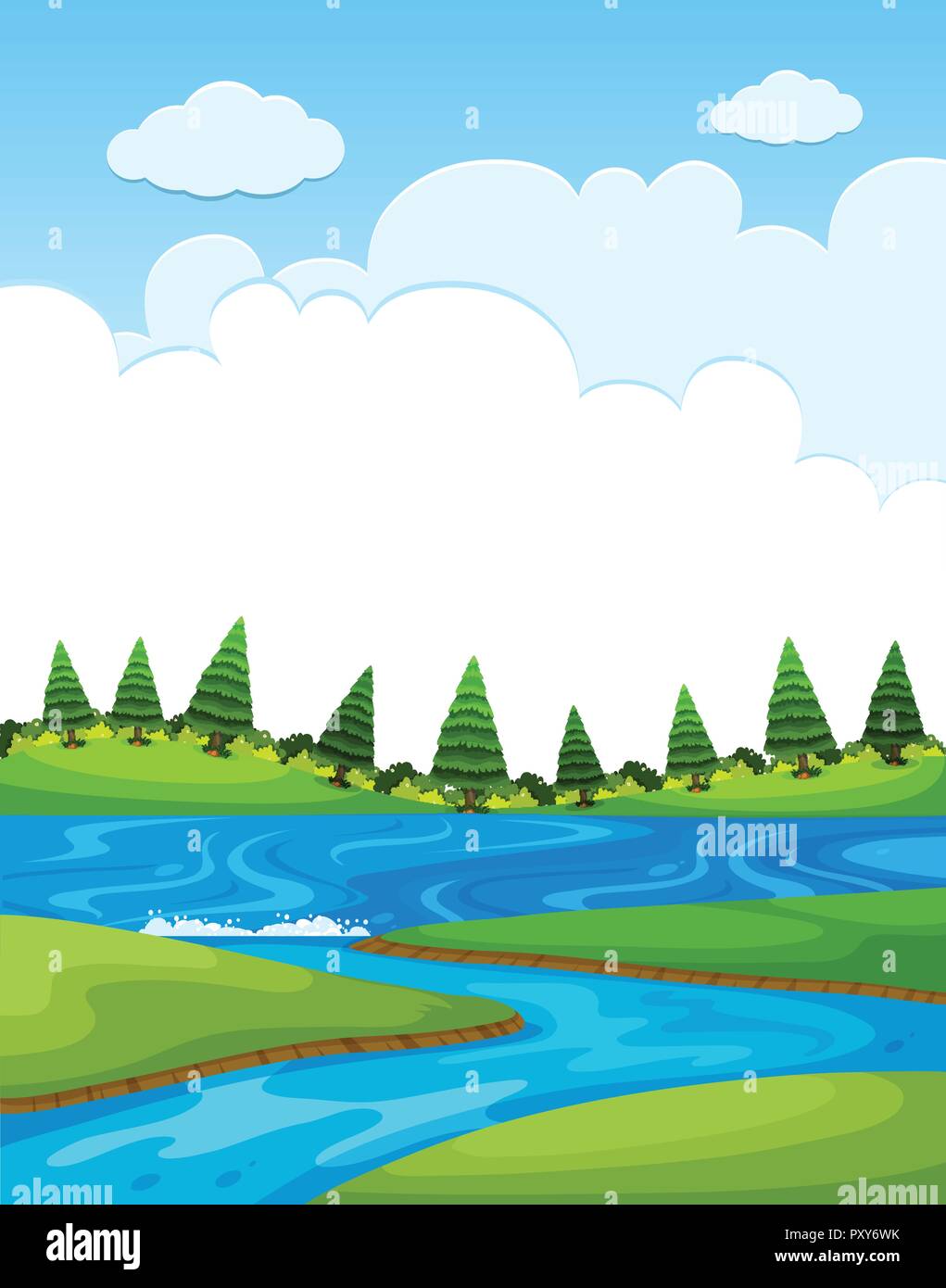 Background scene with river and pine trees illustration Stock Vector ...