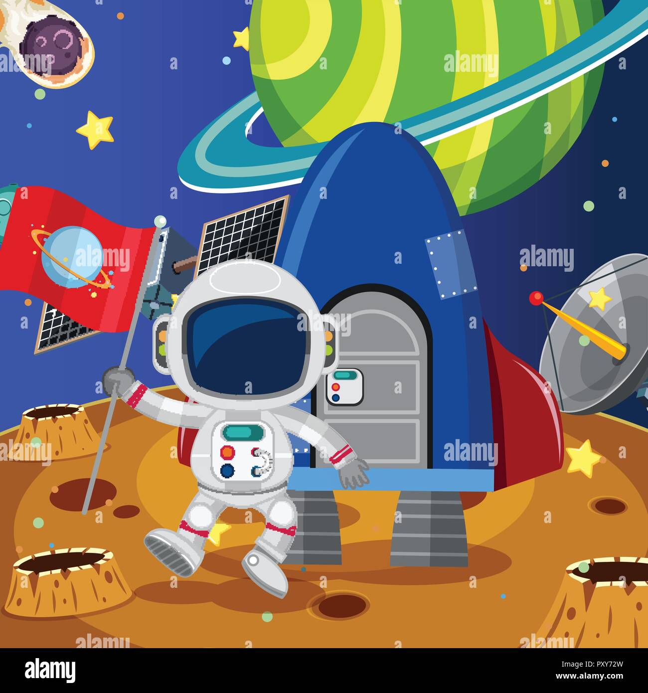 Astronaut holding flag on the moon illustration Stock Vector Image ...