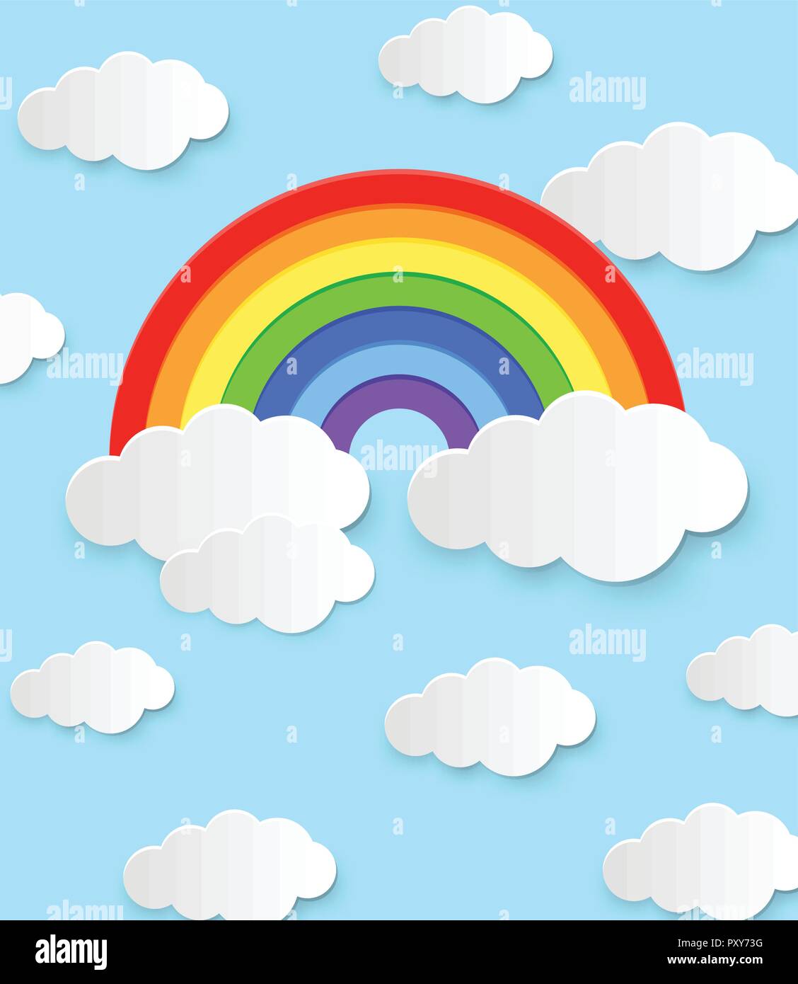 Colorful rainbow and clouds in blue sky illustration Stock Vector Image ...