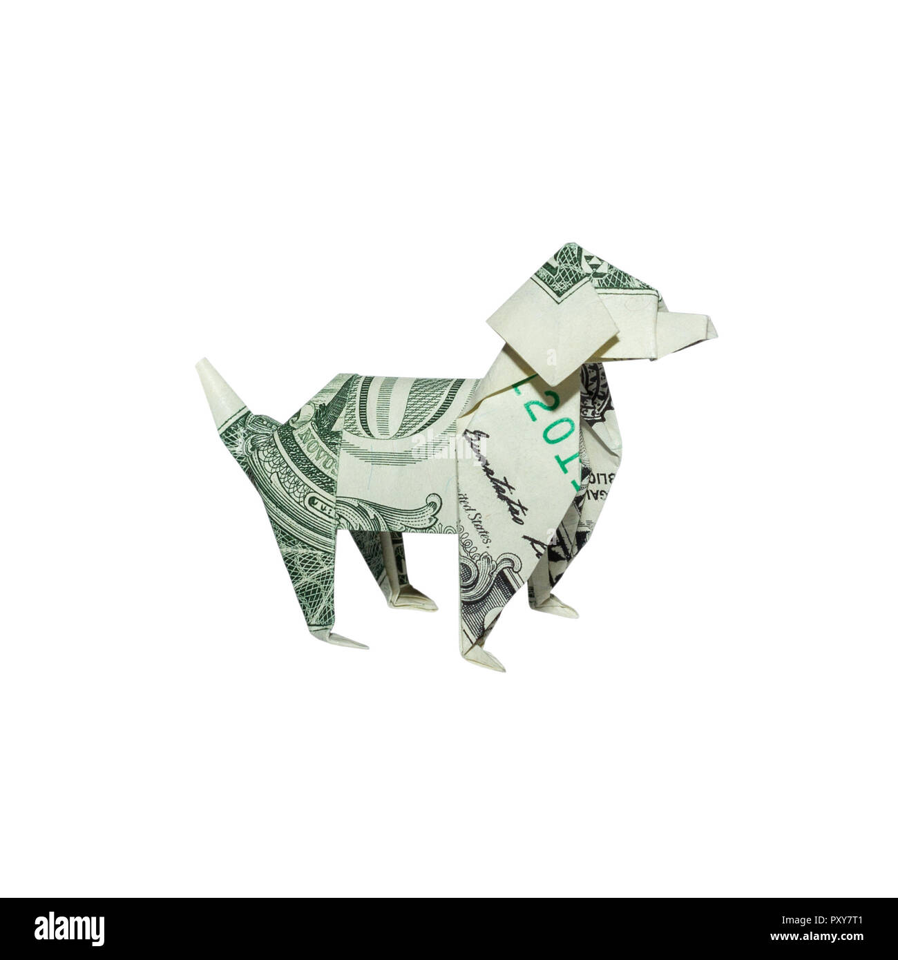 Money Origami DOG Right Side Folded with Real One Dollar Bill Isolated on White Background Stock Photo