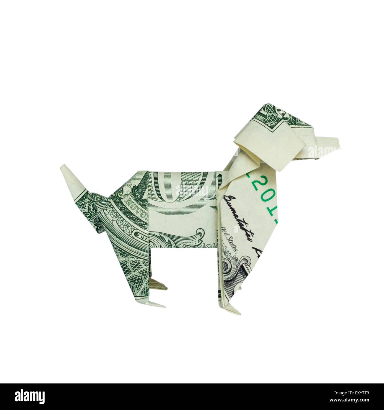 Money Origami Right Side DOG in Profile Folded with Real One Dollar Bill Isolated on White Background Stock Photo