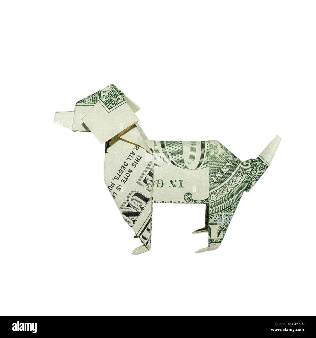 Money Origami Left Side DOG in Profile Folded with Real One Dollar Bill Isolated on White Background Stock Photo