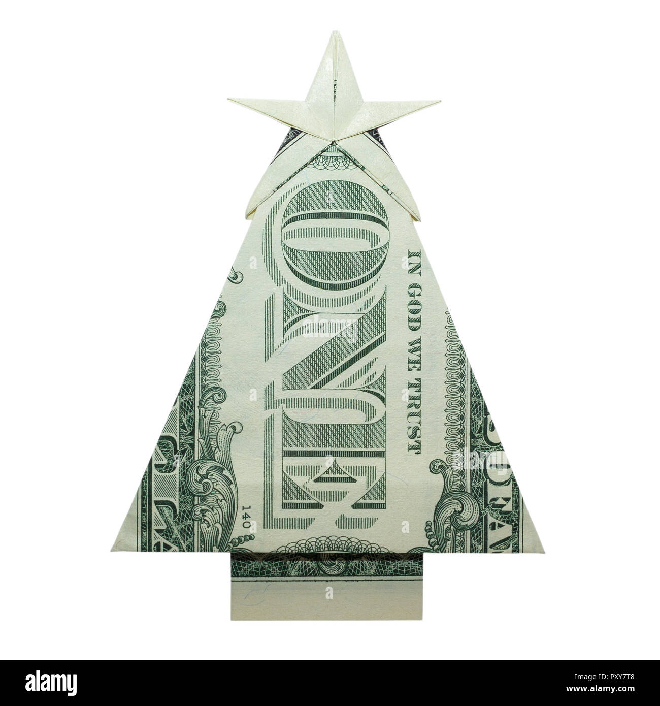 Money Origami CHRISTMAS TREE Folded with Real One Dollar Bill Isolated