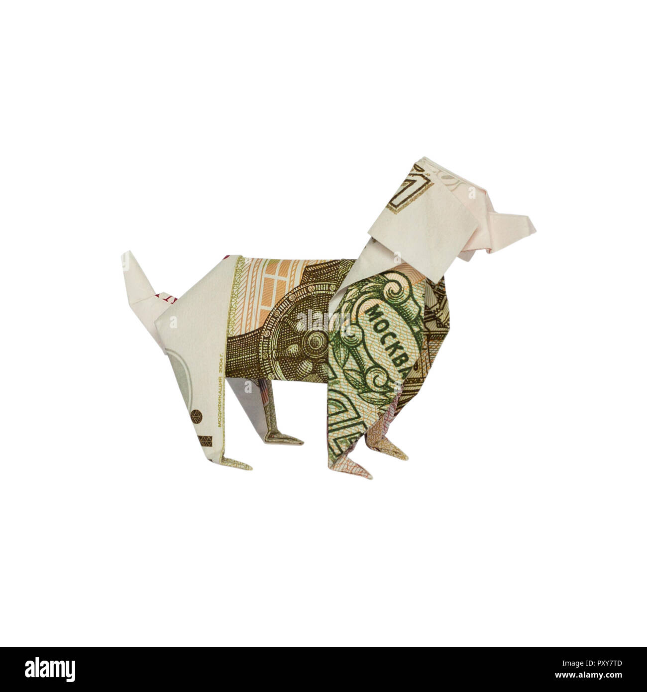Money Origami Moscow DOG Folded with 100 Russian Rubles Bill Isolated on White Background Stock Photo