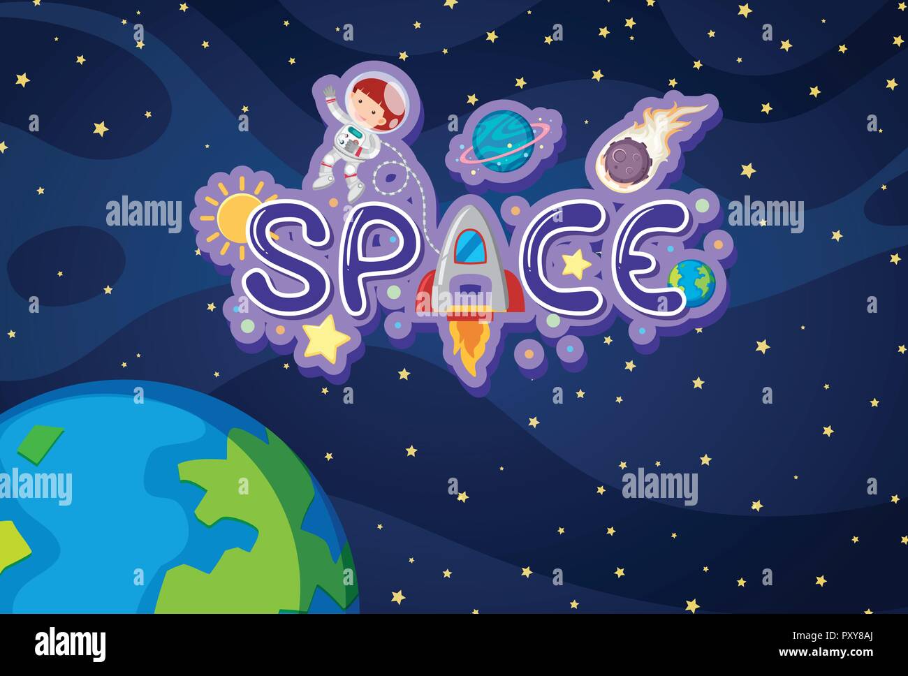 Word design for space with earth and astronaut illustration Stock
