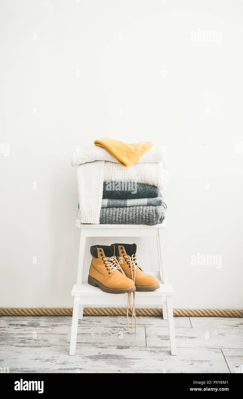 Warm clothing, blankets, boots and cap for cold weather Stock Photo