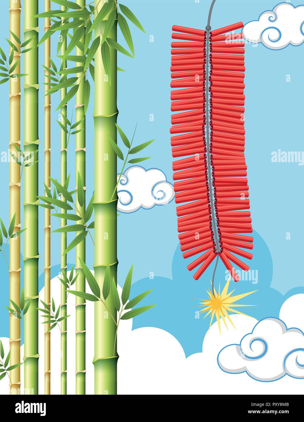 Firecrackers and bamboo tree in sky illustration Stock Vector