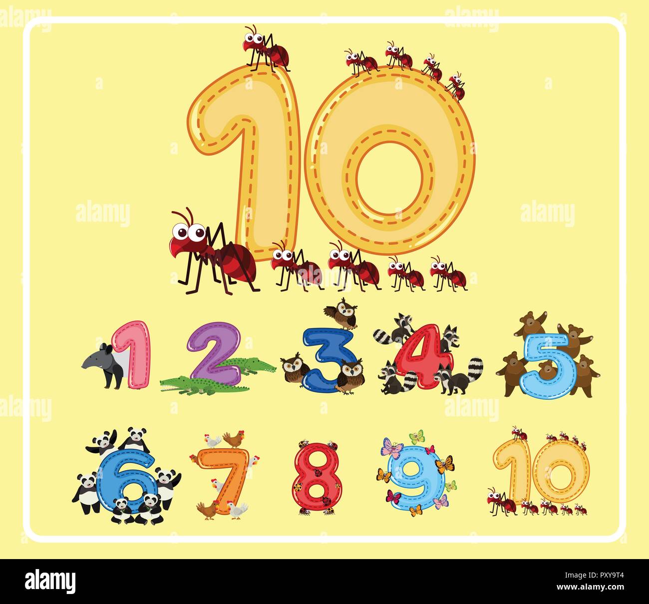 Numbers From One To Ten With Cute Animals Illustration Stock Vector Image Art Alamy