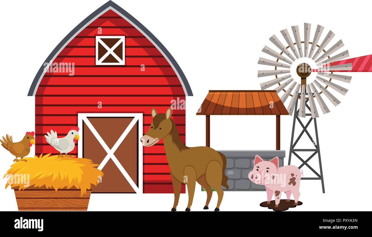 Farm Animals And Red Barn Illustration Stock Vector Art