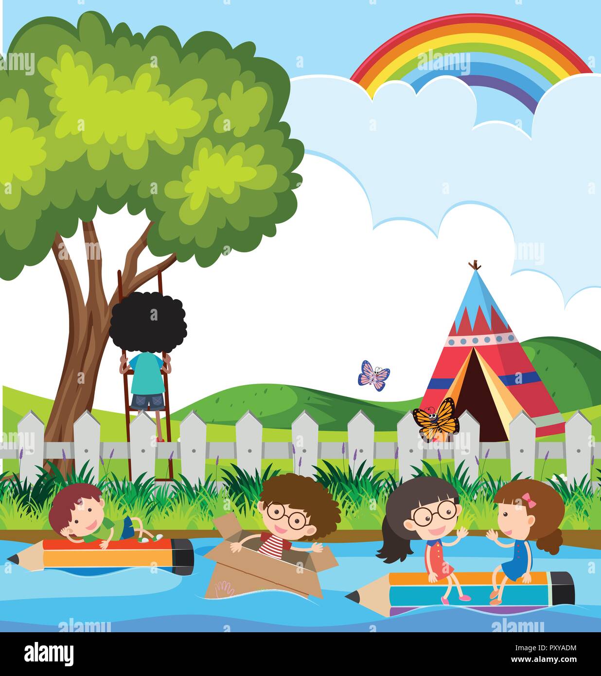 Kids floating on river in the park illustration Stock Vector Image ...