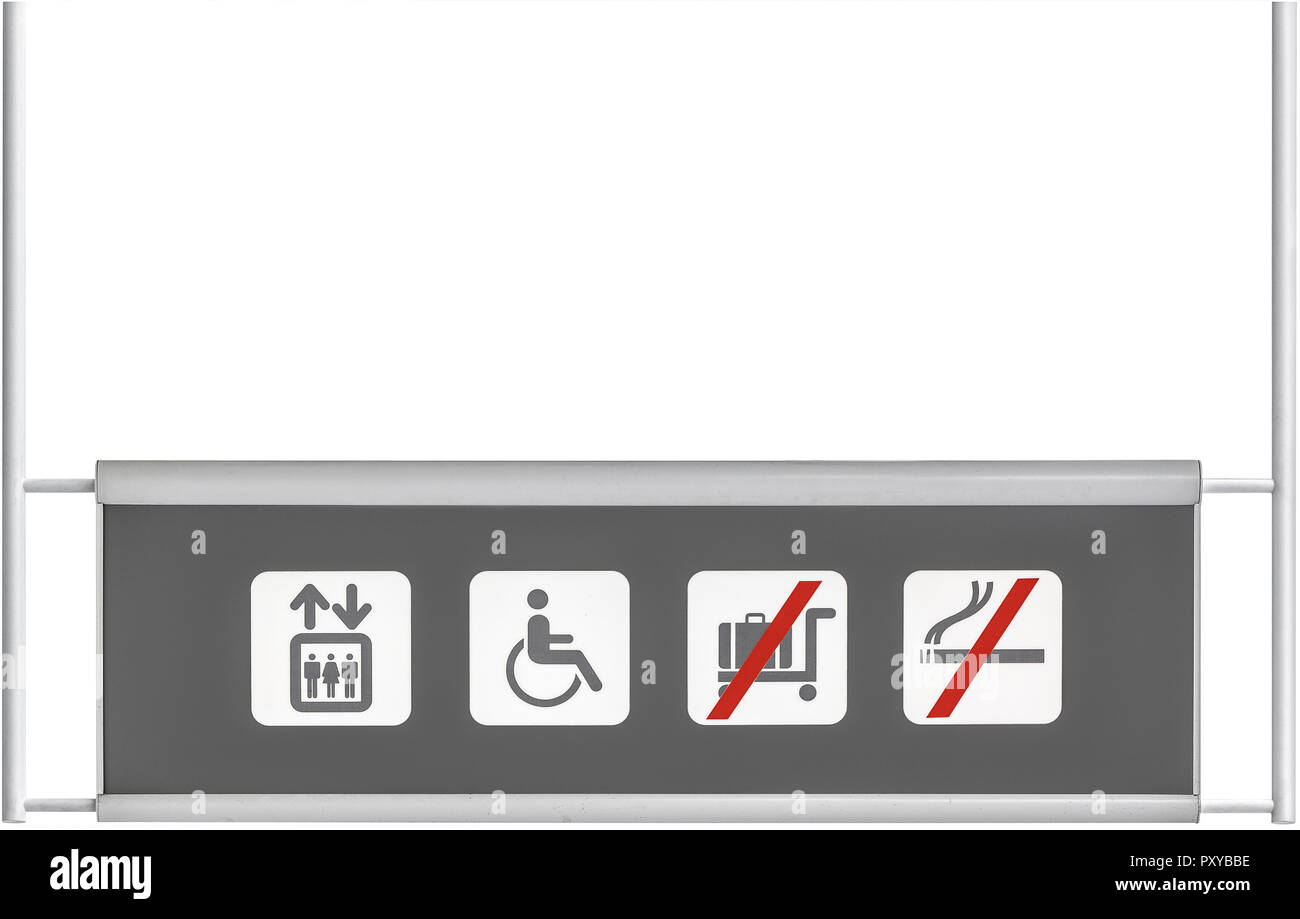 Schild, Aufzug, Rollstuhlfahrer, keine Trolleys, Nichtraucher Stock Photo