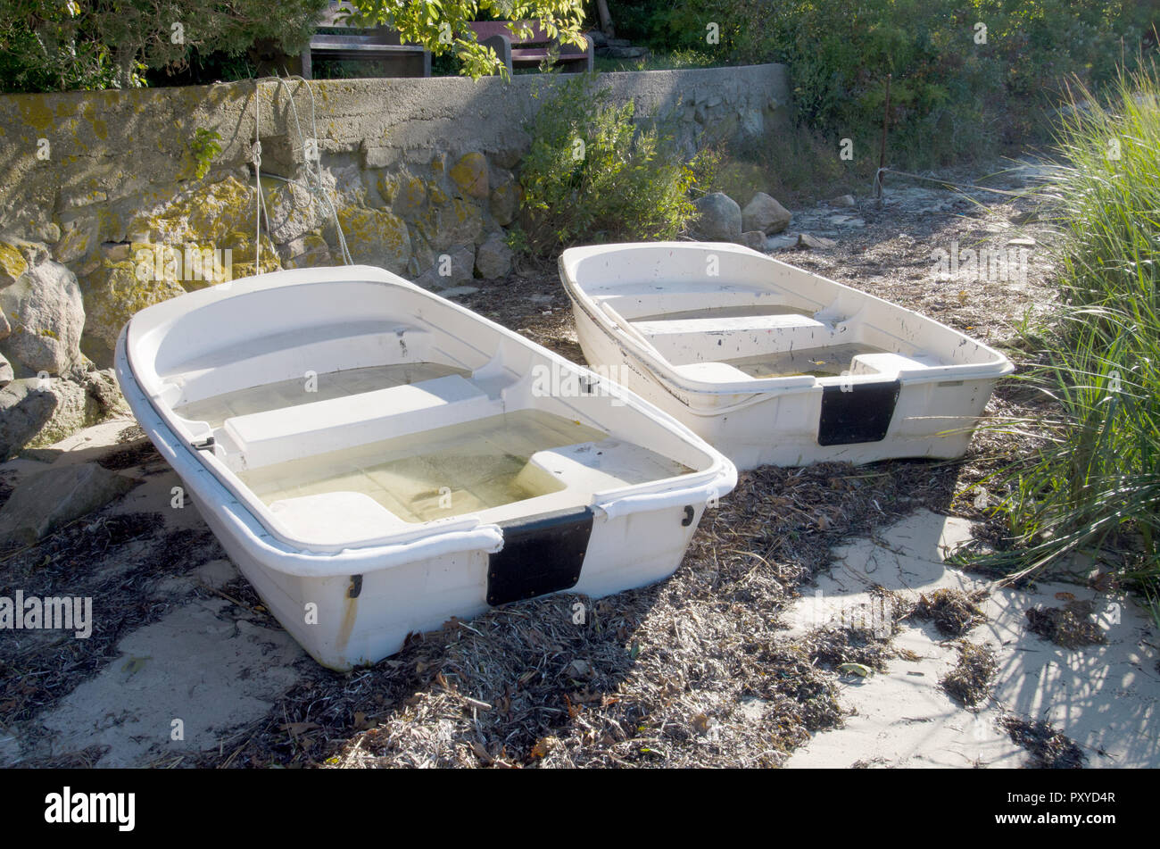 2 beached white dinghies filled with water on sand at Quissett Harbor in Falmouth, Cape Cod, Massachusetts USA Stock Photo