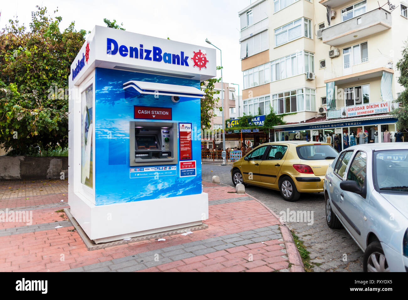 ALANYA / TURKEY - SEPTEMBER 29, 2018: Cash dispenser from DenizBank stands near a street in Alanya Stock Photo