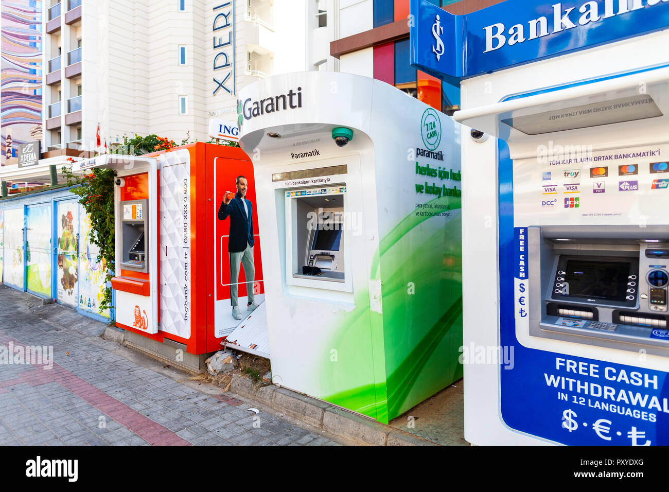 ALANYA / TURKEY - SEPTEMBER 29, 2018: Cash dispenser from different banks stands near a street in Alanya Stock Photo