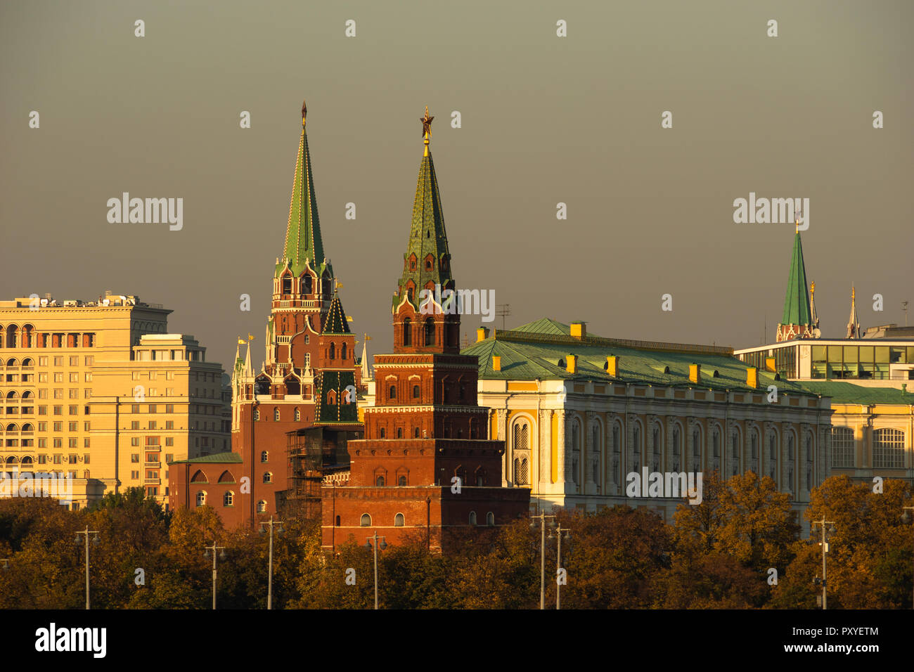 Smoggy Sky Over Moscow Kremlin Towers Golden Light Of Autumn Evening 