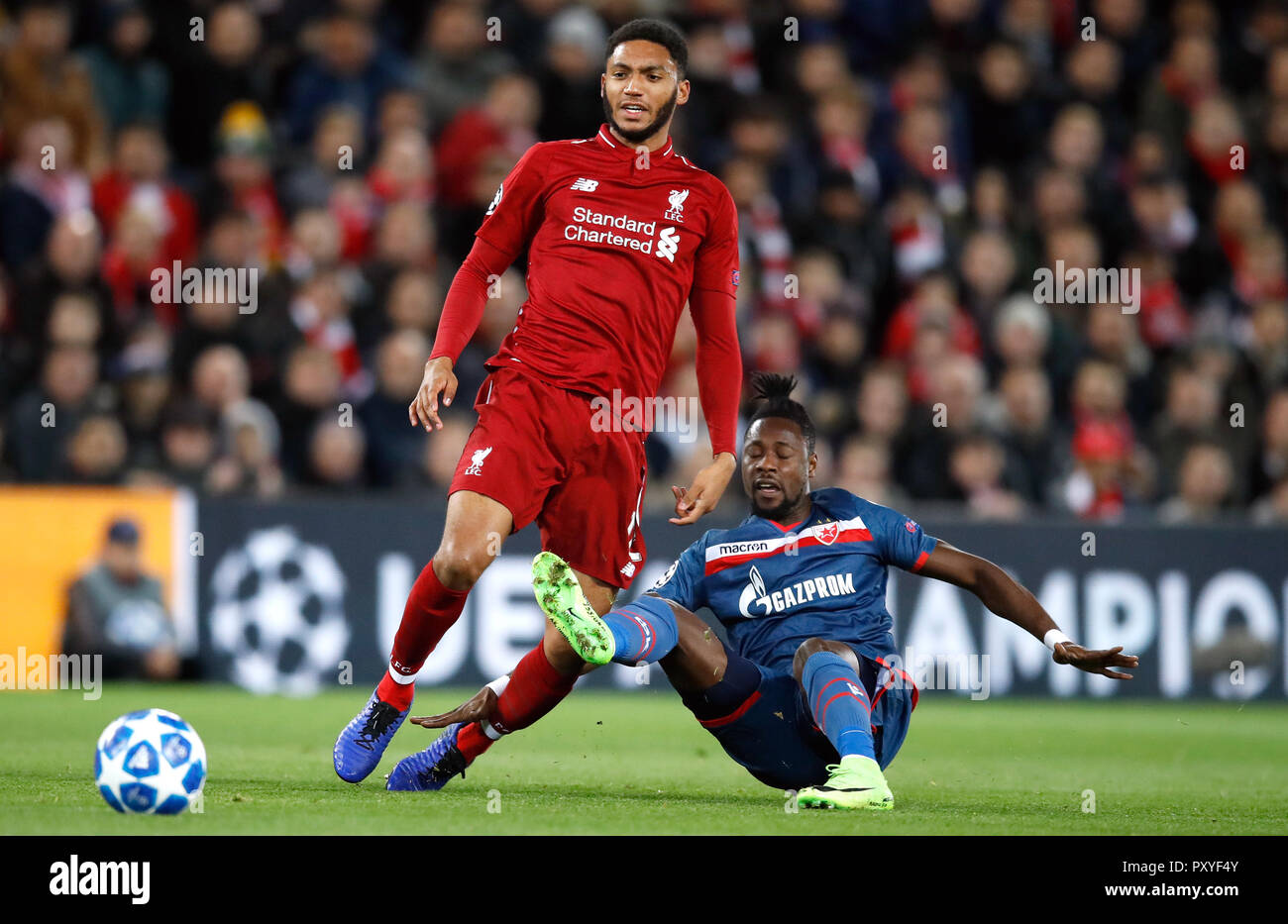 Liverpool's Joe Gomez (left) in action during the UEFA Champions League, Group C match at Anfield, Liverpool. Stock Photo