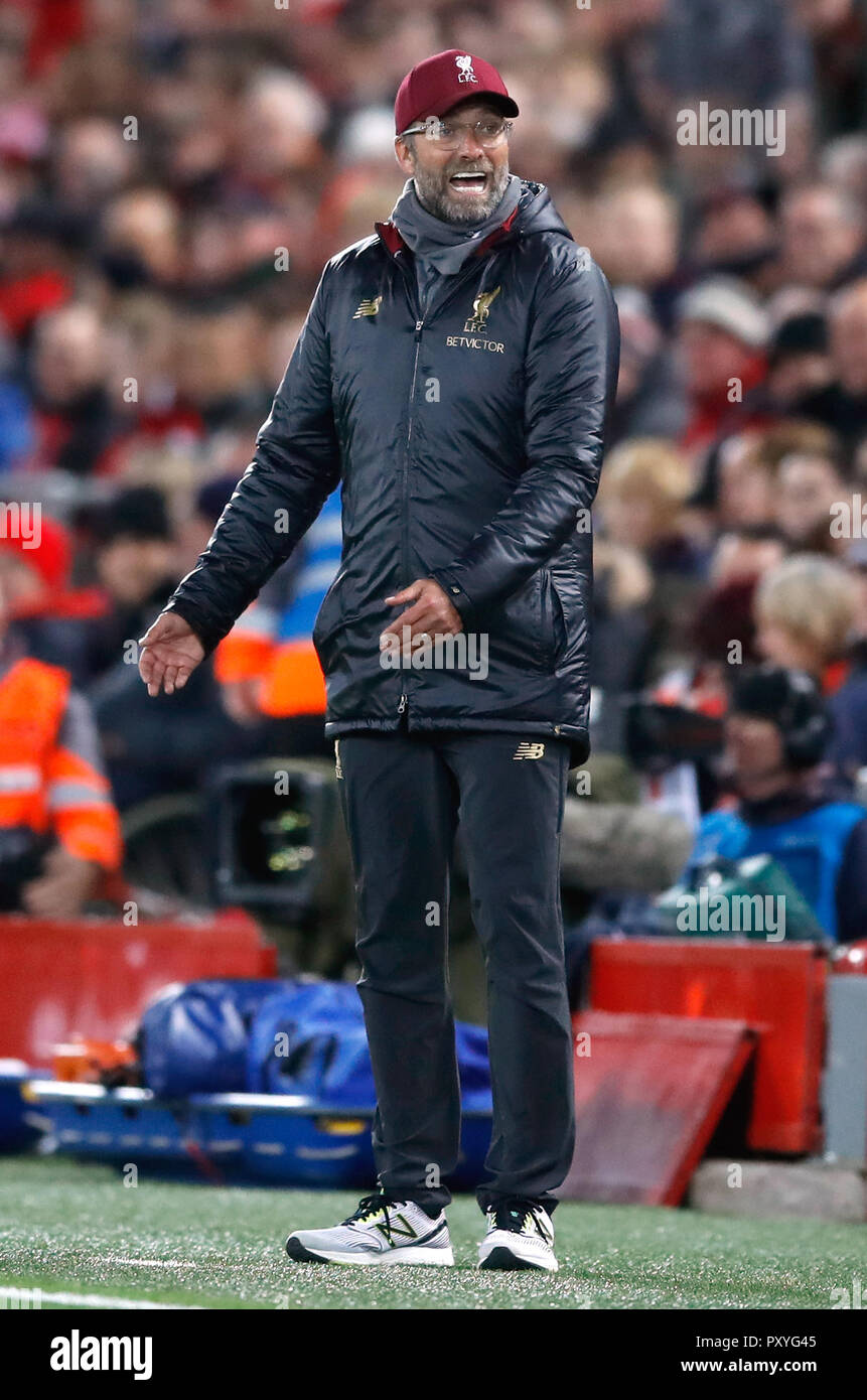 Liverpool manager Jurgen Klopp gestures on the touchline during the UEFA Champions League, Group C match at Anfield, Liverpool. PRESS ASSOCIATION Photo. Picture date: Wednesday October 24, 2018. See PA story soccer Liverpool. Photo credit should read: Martin Rickett/PA Wire Stock Photo