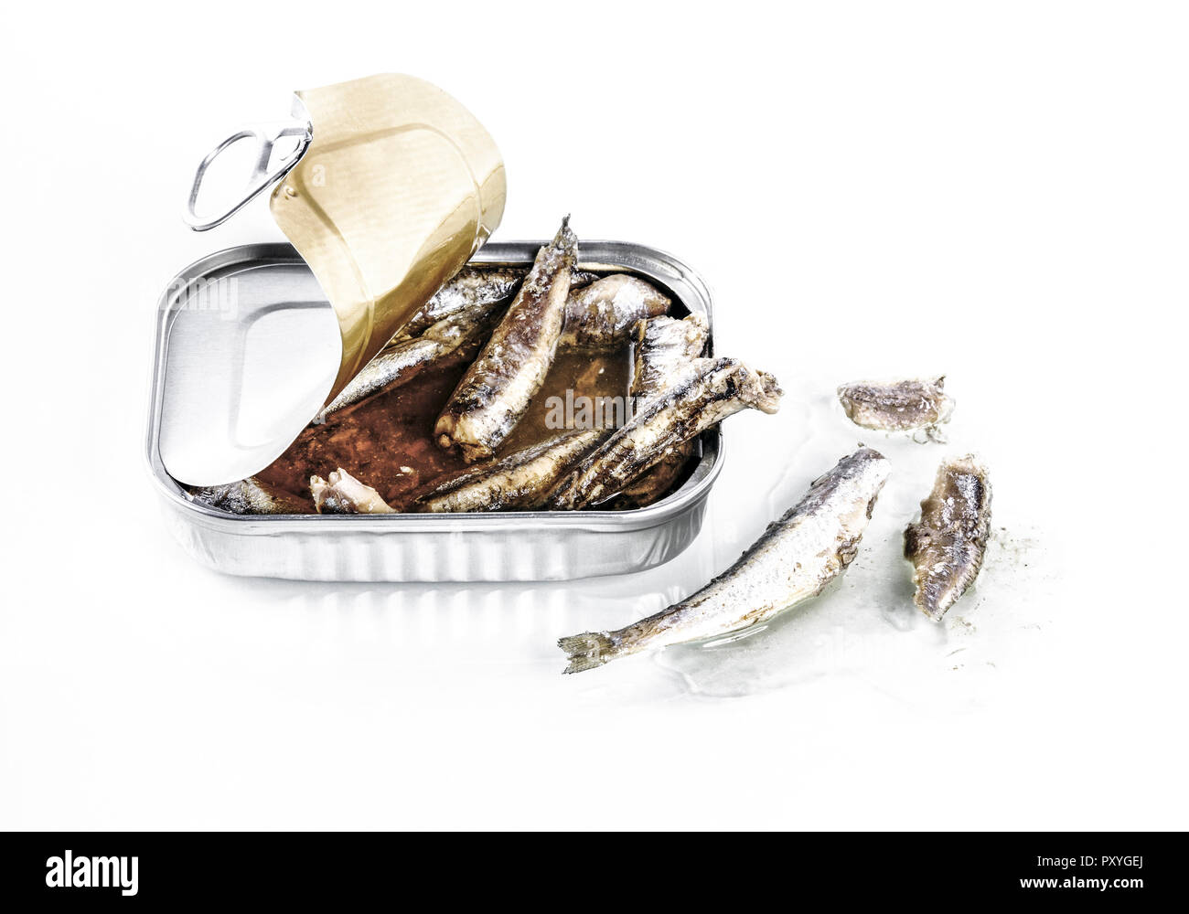 Fischdose, Sardinenbuechse, geoeffnet, Fische Stock Photo