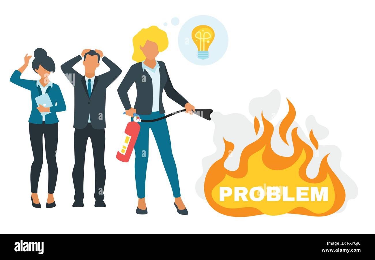 Vector flat style leader businesswoman extinguish the fire with a fire extinguisher as symbol of solving any problem. Leadership and crisis manager co Stock Vector