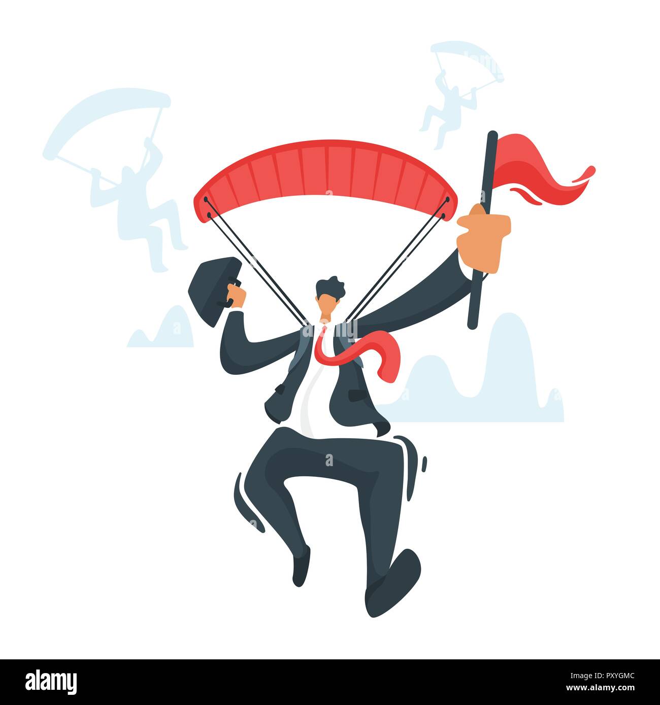 Vector flat style businessman with parachute holding red flag as a symbol of business goal. Leadership concept. Minimalism design with people silhouet Stock Vector