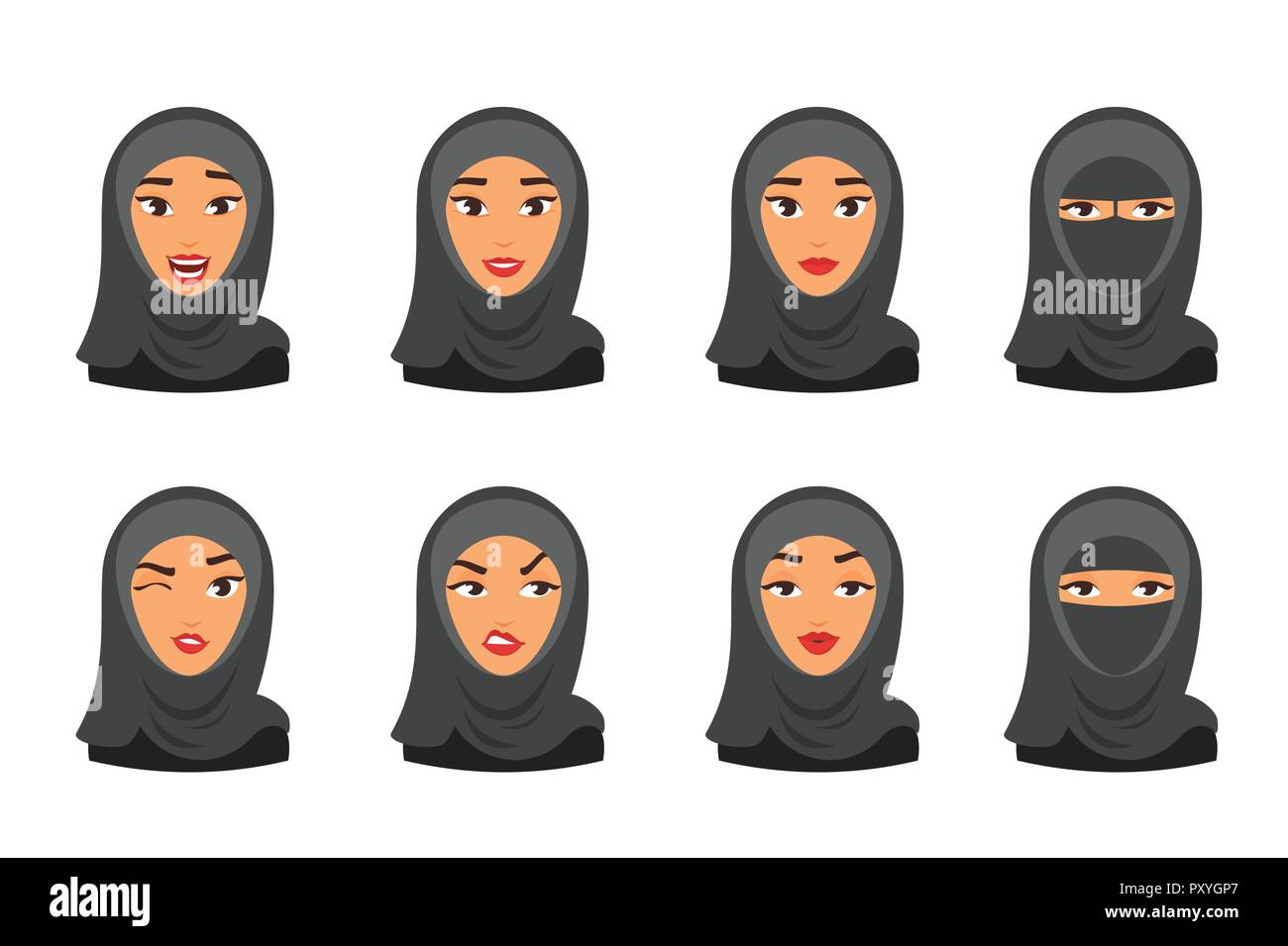 Vector set of Muslim woman avatar with different emotions. Female portrait. Stock Vector