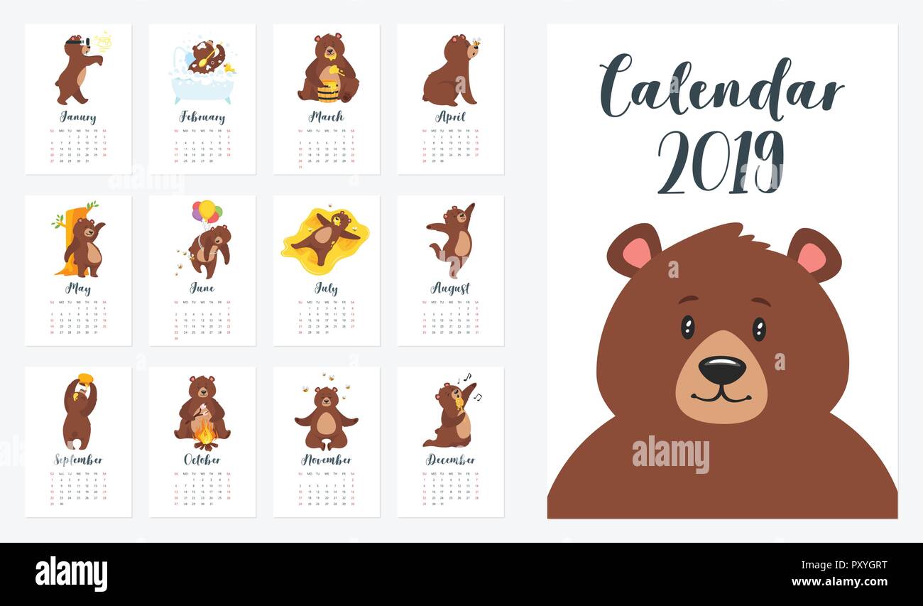 Vector cartoon style set of 2019 year monthly calendar. Template for print.  Brown grizzly bear different activities and situations on every page Stock  Vector Image & Art - Alamy