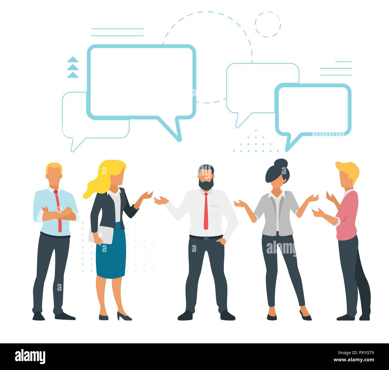 Vector flat style illustration of business people chat and discussing data. Social networking concept. Minimalism design with people silhouettes and s Stock Vector