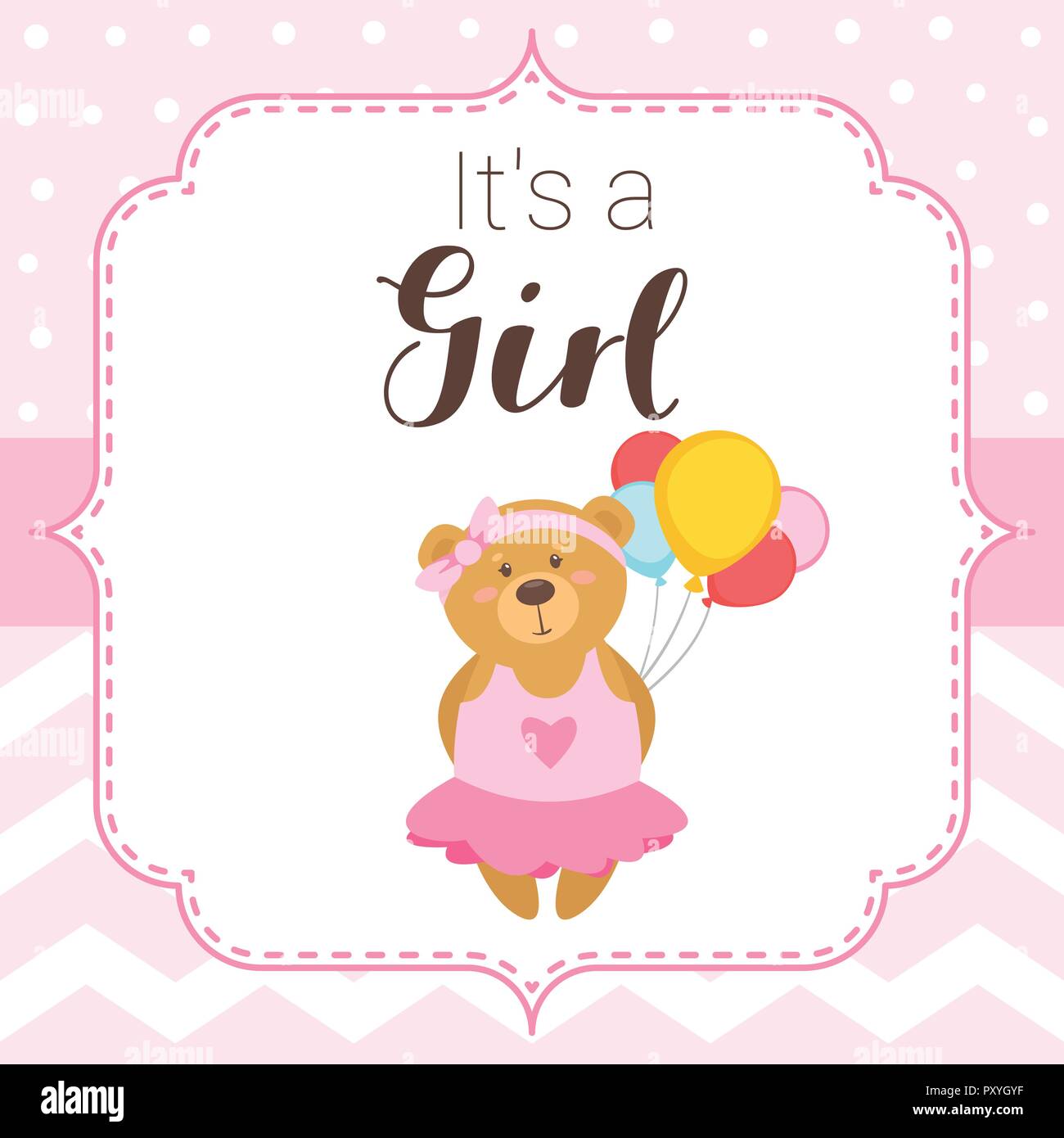 Vector cartoon style illustration of Baby shower invitation. Baby girl celebration greeting card template. Brown teddy bear holding balloons on pink p Stock Vector