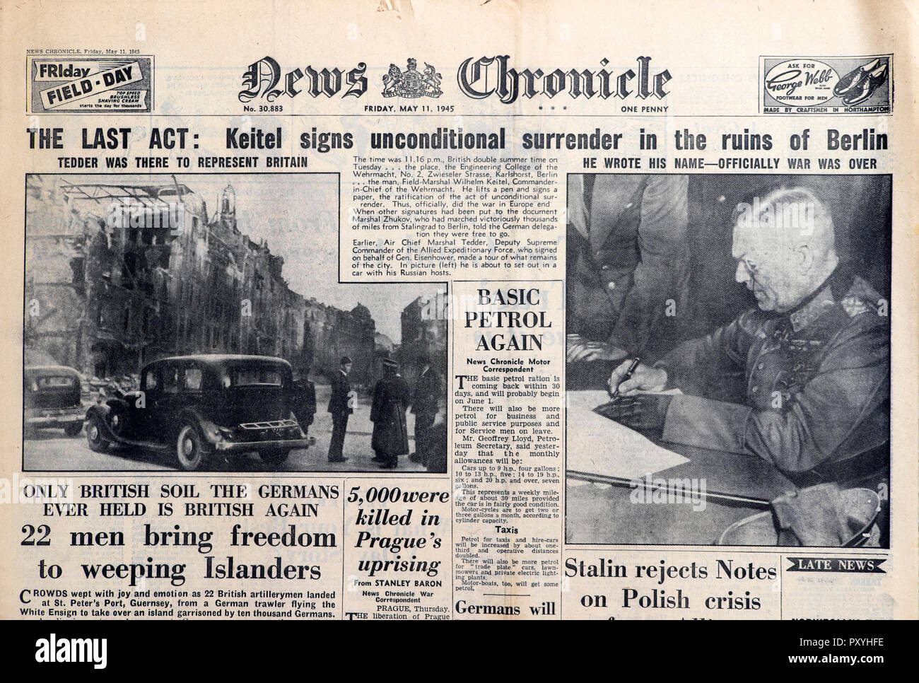 'THE LAST ACT: Keitel signs unconditional surrender in the ruins of Berlin newspaper headline end of WWII in the News Chronicle MAY 11 1945 London UK Stock Photo
