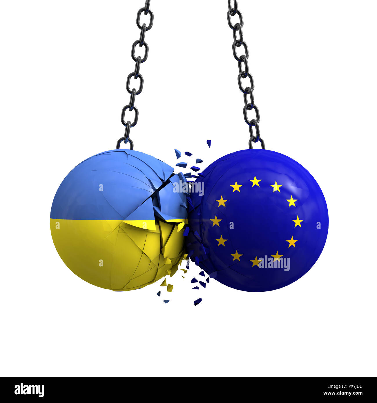Ukriane flag and European union political balls smash into each other. 3D Rendering Stock Photo