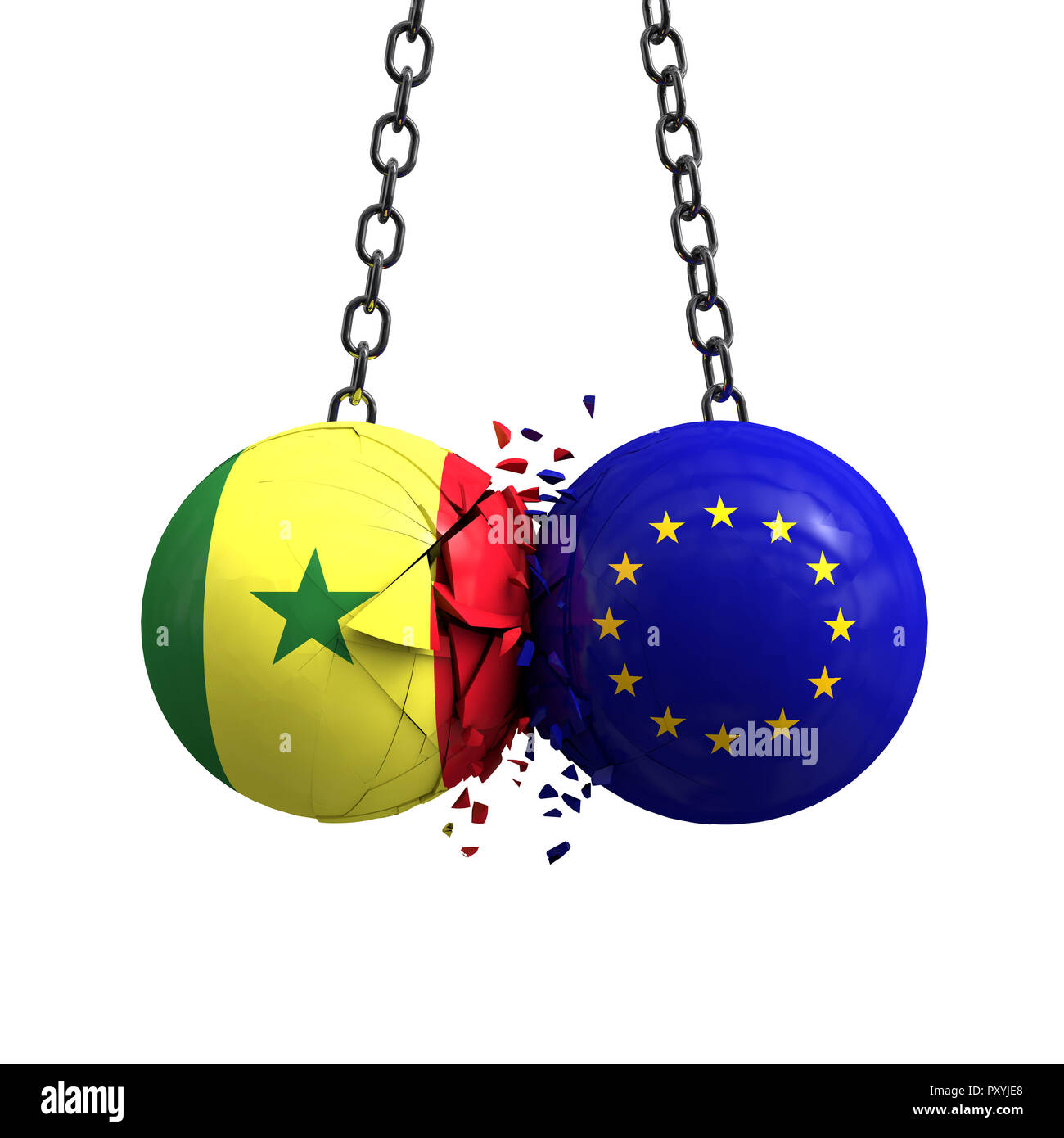 Senegal flag and European union political balls smash into each other. 3D Rendering Stock Photo