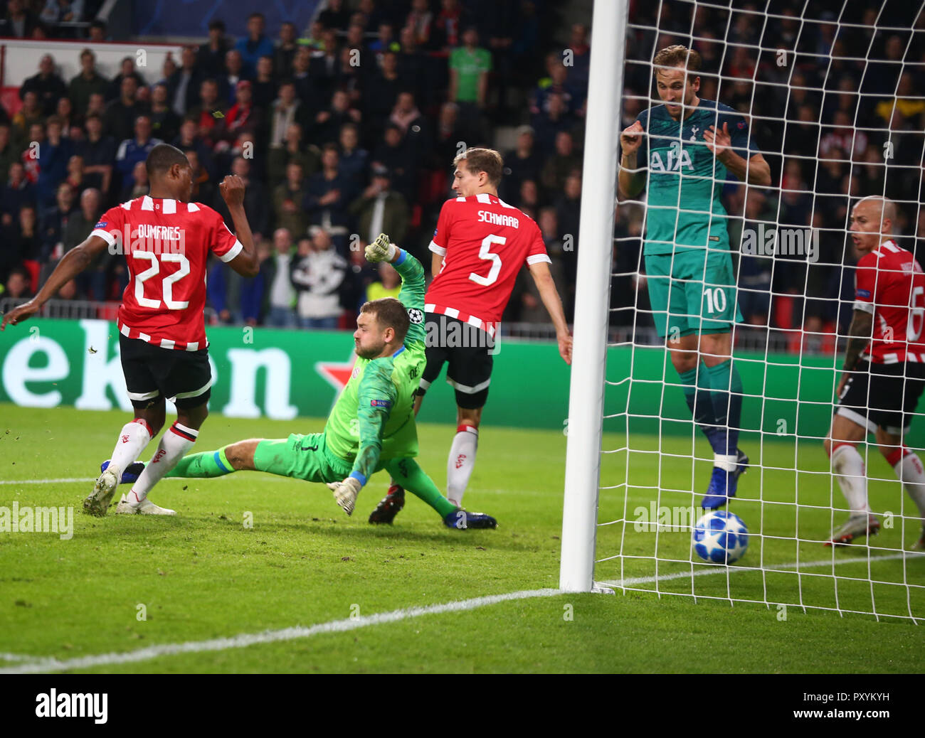 Eindhoven, Netherlands. October 24. 2018 Tottenham Hotspur's Davinson Sanchez scores but got disallowed during UAFA Champion League Group B match between PSV Eindhoven and Tottenham Hotspur at Phillips Stadium, Eindhoven, Netherlands on 24 Oct 2018. Editorial use only, license required for commercial use. No use in betting, games or a single club/league/player publications. Credit: Action Foto Sport/Alamy Live News Stock Photo