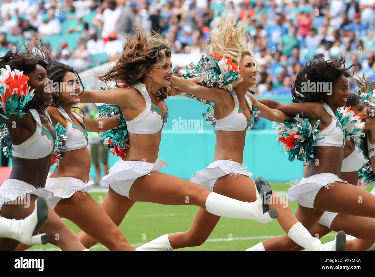 Miami Gardens, Florida, USA. 21st Oct, 2018. Miami Dolphins cheerleaders perform during a NFL football game between the Detroit Lions and the Miami Dolphins at the Hard Rock Stadium in Miami Gardens, Florida. Credit: Mario Houben/ZUMA Wire/Alamy Live News Stock Photo