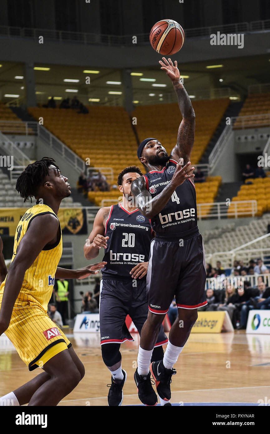 Athens, Greece. 24th Oct, 2018. 24 October 2018, Greece, Athens:  Basketball: Champions League, preliminary round, Group C, 3rd matchday, AEK  Athens - Brose Bamberg. Tyrese Rice (R) of Brose Bamberg and Tyler