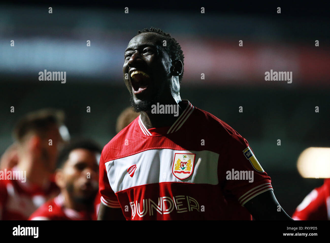 Bristol, UK. 24th Oct, 2018. Famara Diedhiou of Bristol City savours his winner during the EFL Sky Bet Championship match between Bristol City and Hull City at Ashton Gate, Bristol, England on 24 October 2018. Photo by Dave Peters. Editorial use only, license required for commercial use. No use in betting, games or a single club/league/player publications. Credit: UK Sports Pics Ltd/Alamy Live News Stock Photo