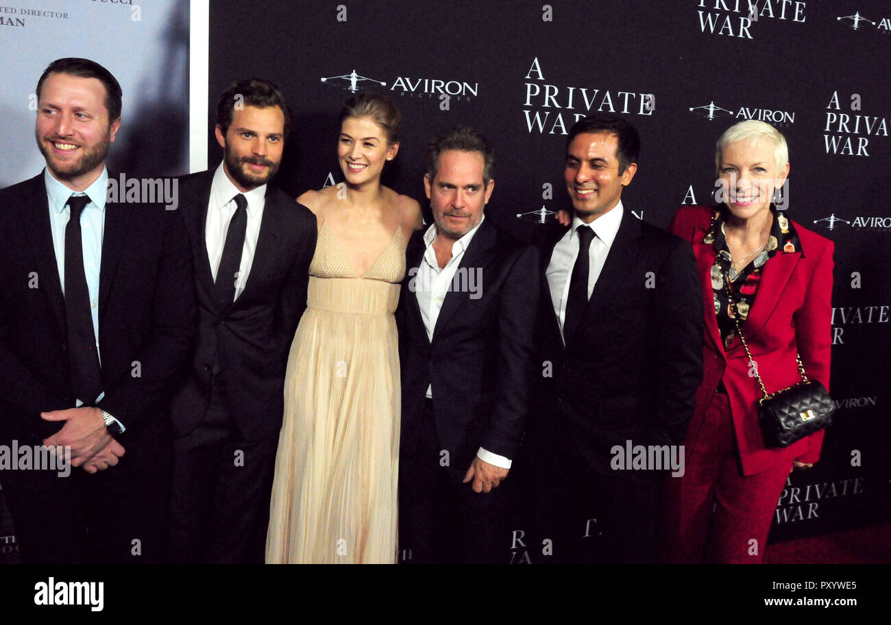 Beverly Hills, California, USA. 24th October, 2018. Director Matthew Heineman, actor Jamie Dornan, actress Rosamund Pike, actor Tom Hollander, writer Arash Amel and singer Annie Lennox attend the Los Angeles Premiere of Aviron Pictures' 'A Private War' at Samuel Goldwyn Theater in Beverly Hills, California. Photo by Barry King/Alamy Live News Stock Photo