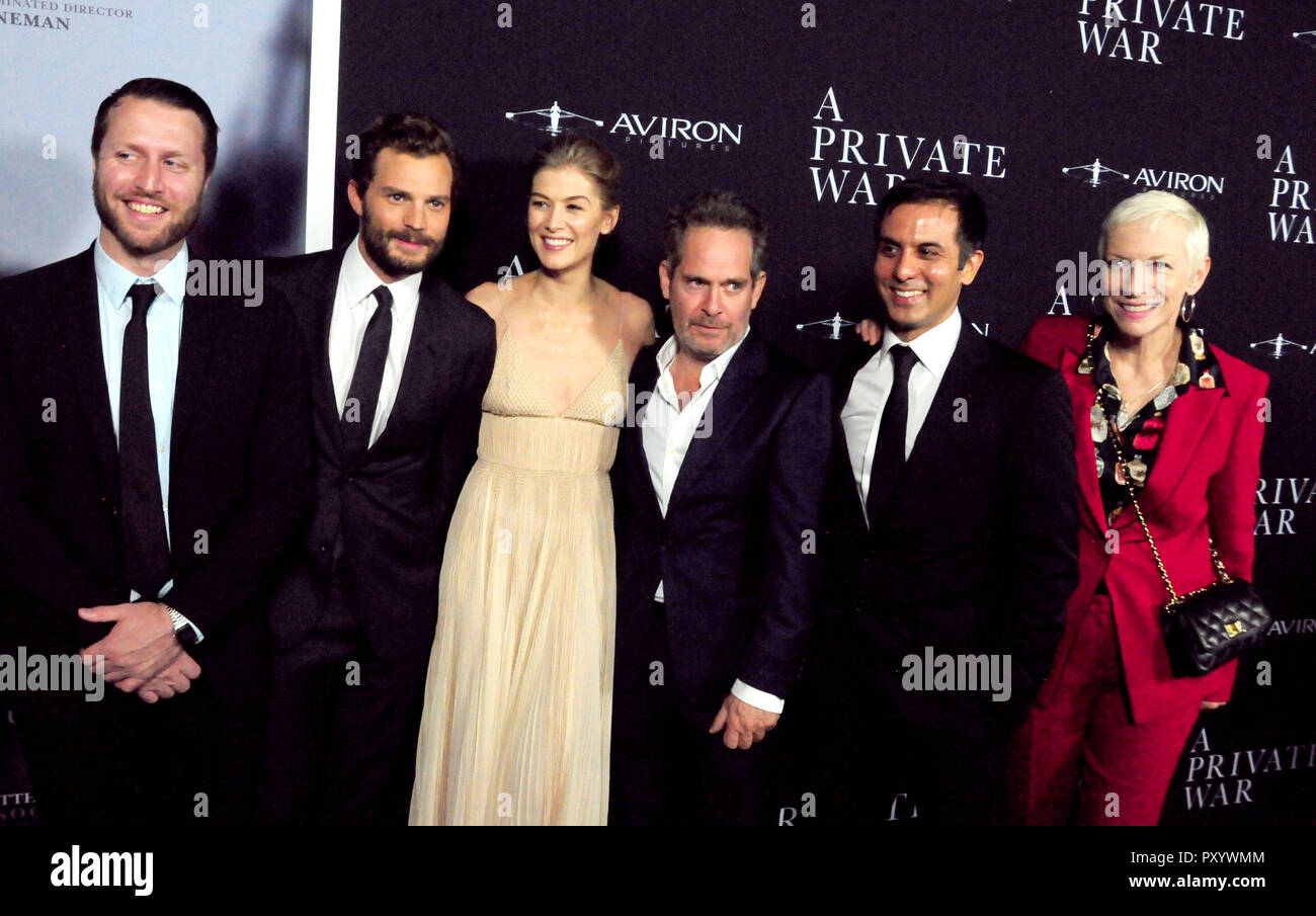 Beverly Hills, California, USA. 24th October, 2018. Director Matthew Heineman, actor Jamie Dornan, actress Rosamund Pike, actor Tom Hollander, writer Arash Amel and singer Annie Lennox attend the Los Angeles Premiere of Aviron Pictures' 'A Private War' at Samuel Goldwyn Theater in Beverly Hills, California. Photo by Barry King/Alamy Live News Stock Photo